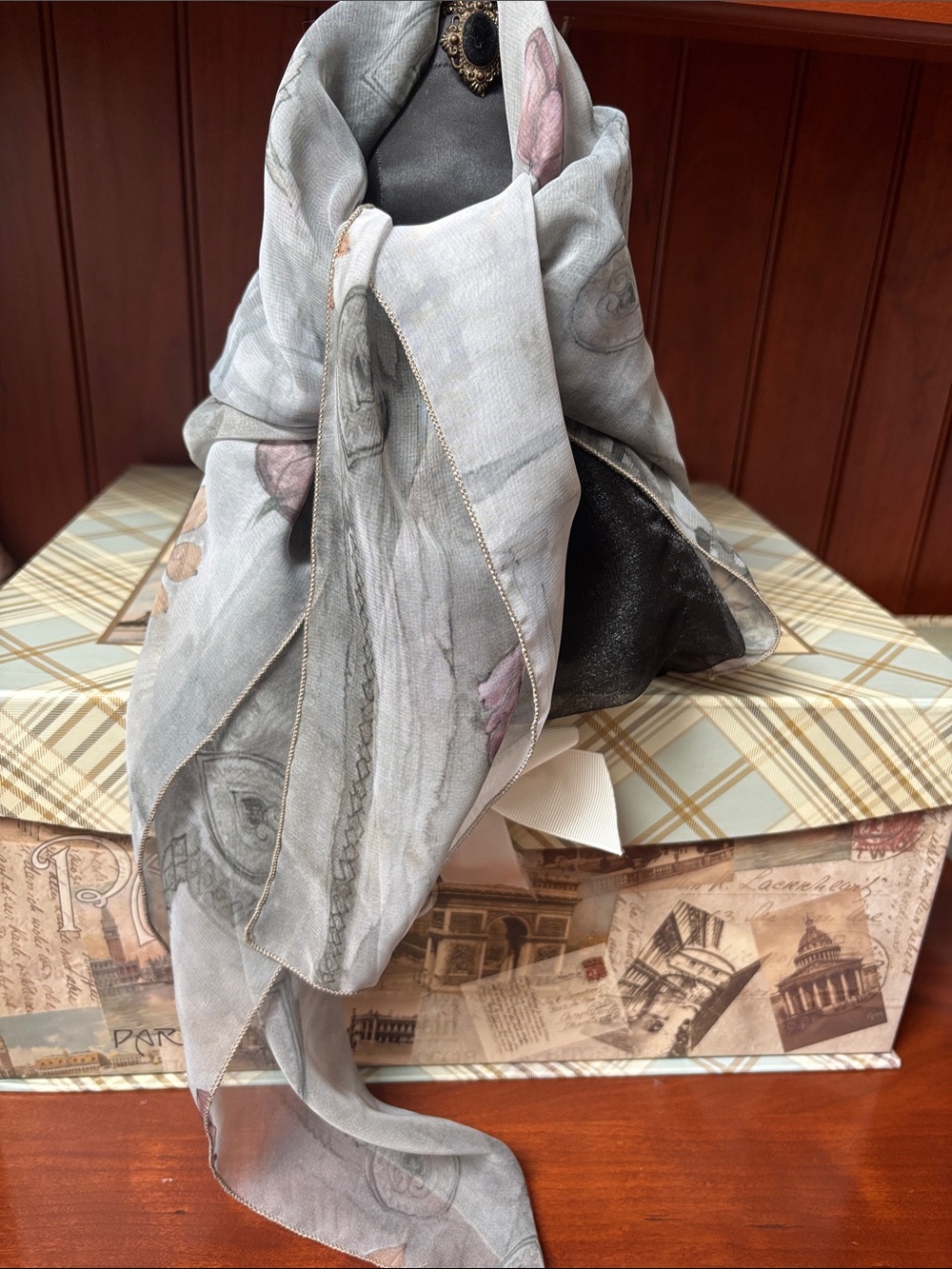 Light weight,sheer, grey botanical delicate flowers & leaves print silk scarf
